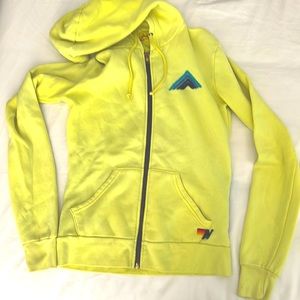 Aviator Nation Neon Yellow Zip Hoodie with Blue Chevron Logo
